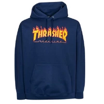 sötétkék thrasher kapucnis pulóver,  sárga thrasher flame felírattal