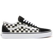 fekete fehér kockás Vans old skool cipő, fehér vans csíkkal az oldalán