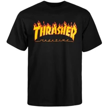 fekete thrasher póló, sárga lángos thrasher felírattal