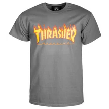sötét szürke thrasher póló, sárga lángos thrasher felírattal