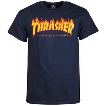 sötétkék thrasher póló, sárga lángos thrasher felírattal 