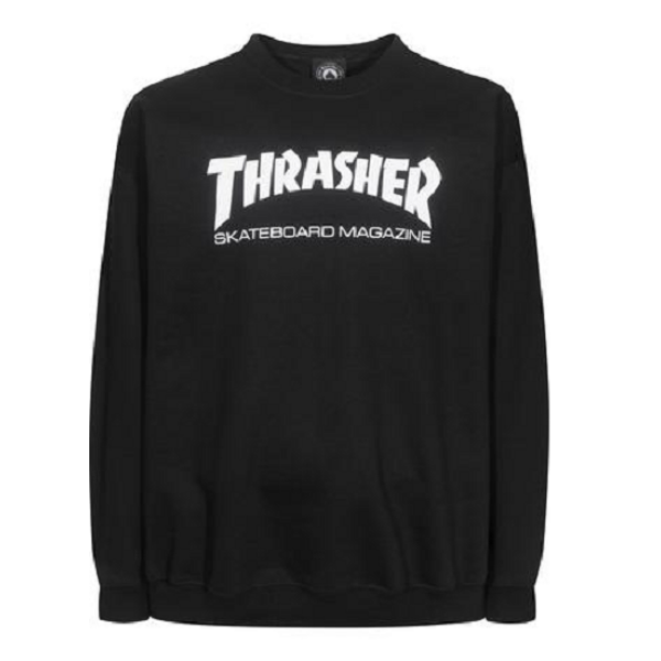 fekete Thrasher környakas pulóver fehér thrasher felirattal