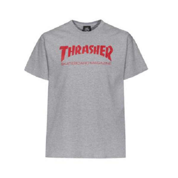 világos melír szürke Thrasher skate mag póló, piros thrasher felírattal