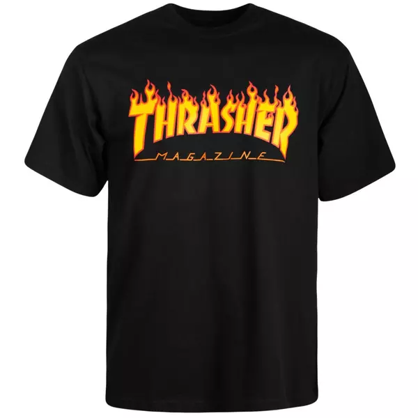 fekete thrasher póló, sárga lángos thrasher felírattal